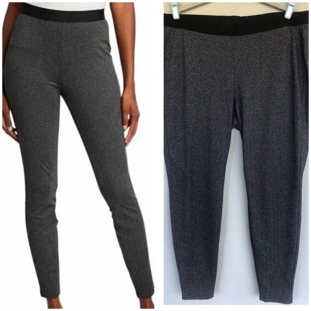 Eileen Fisher Herringbone Leggings Charcoal Grey Pull on Stretch Pants Size L
